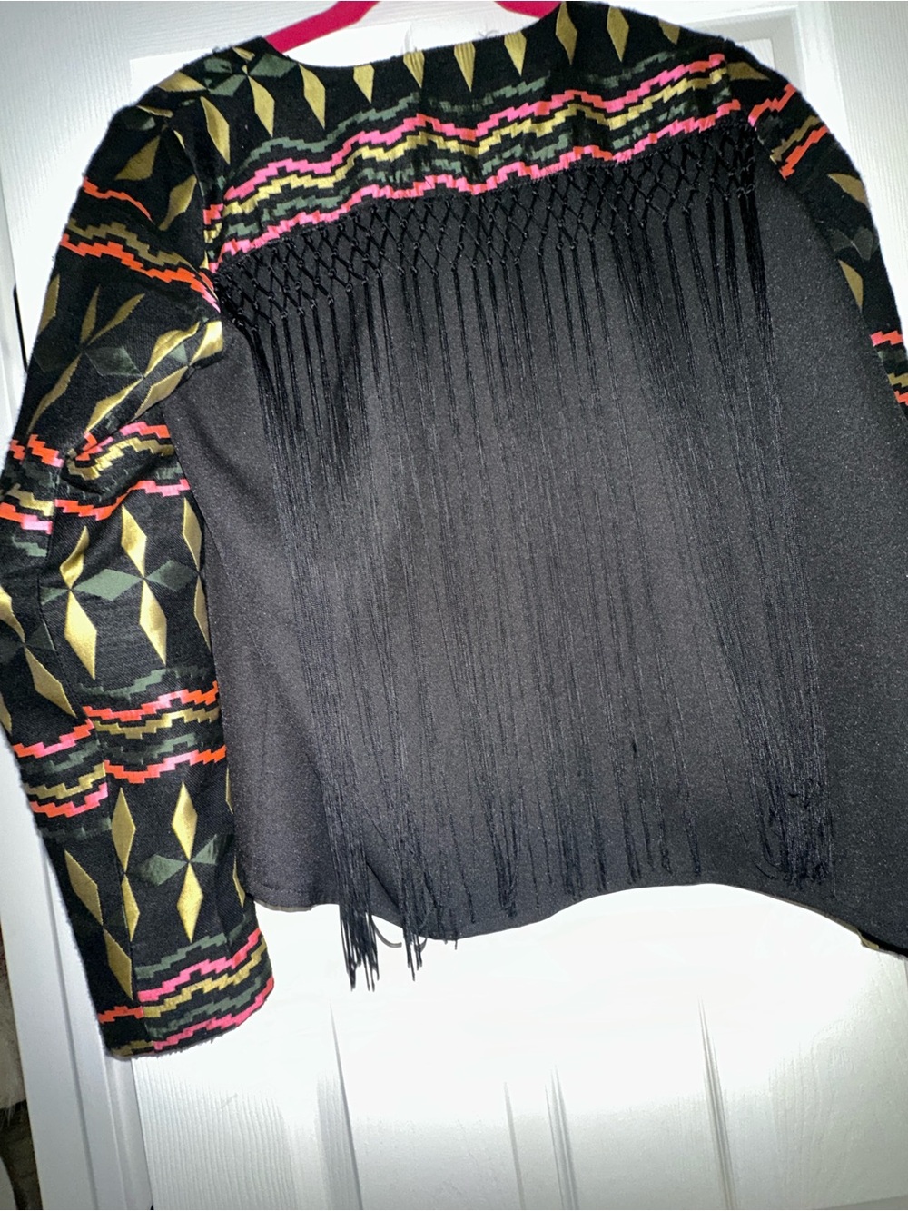Black Open-Front Jacket with Patterned Sleeves
